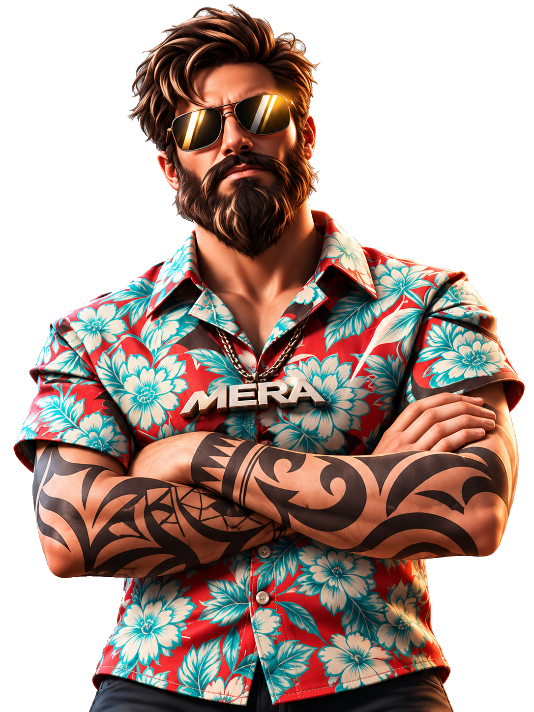 Stylized MERA character in a tropical shirt, with sunglasses and crossed arms.