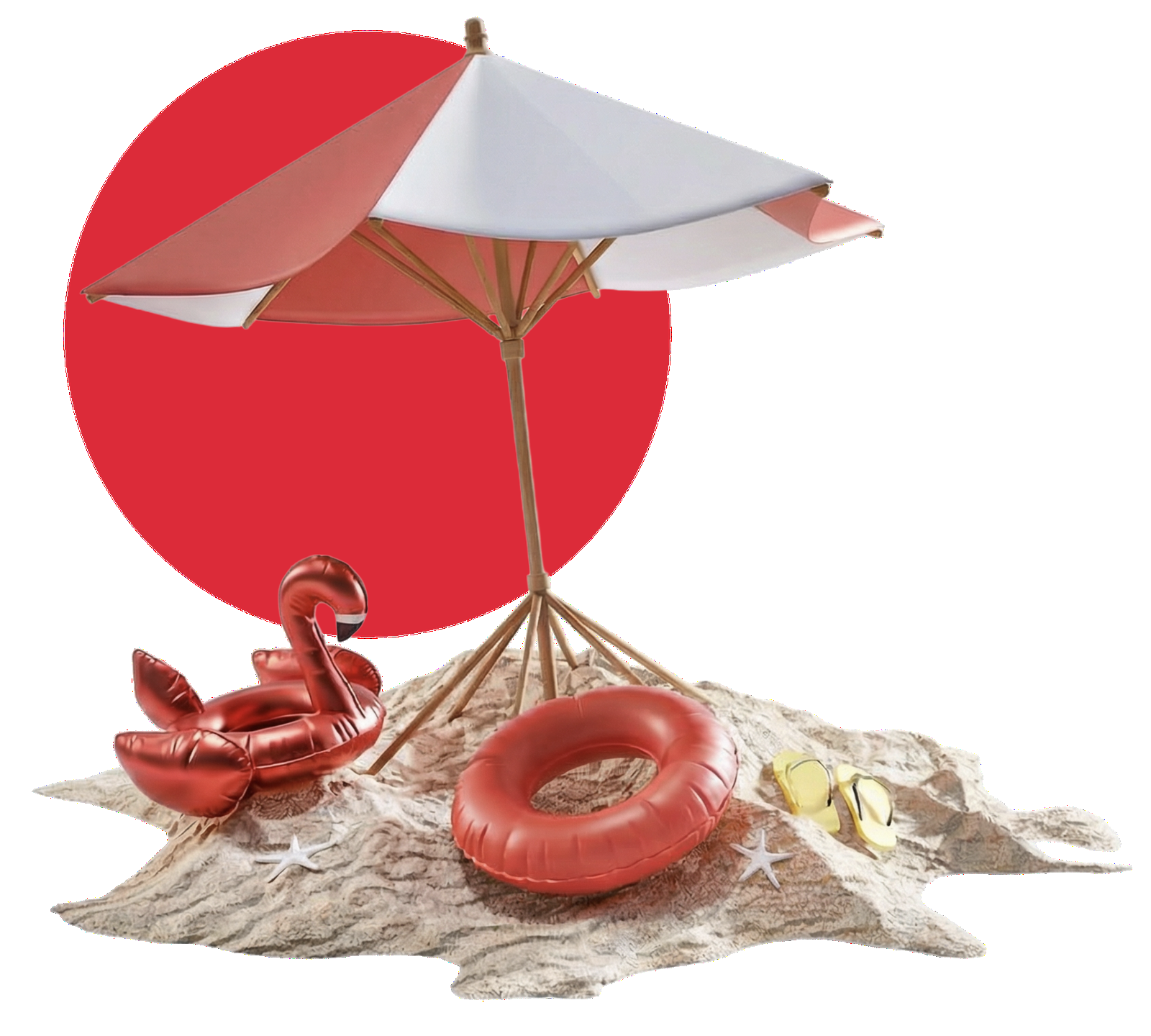 A tropical beach scene with a red-and-white umbrella, inflatables and flip-flops.