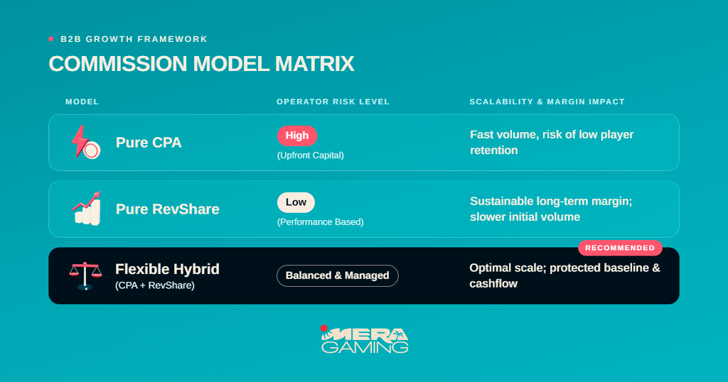 MERA GAMING Graphic showing B2B commission model matrix comparing Pure CPA, Pure RevShare, and Flexible Hybrid models, with the hybrid model highlighted as recommended.