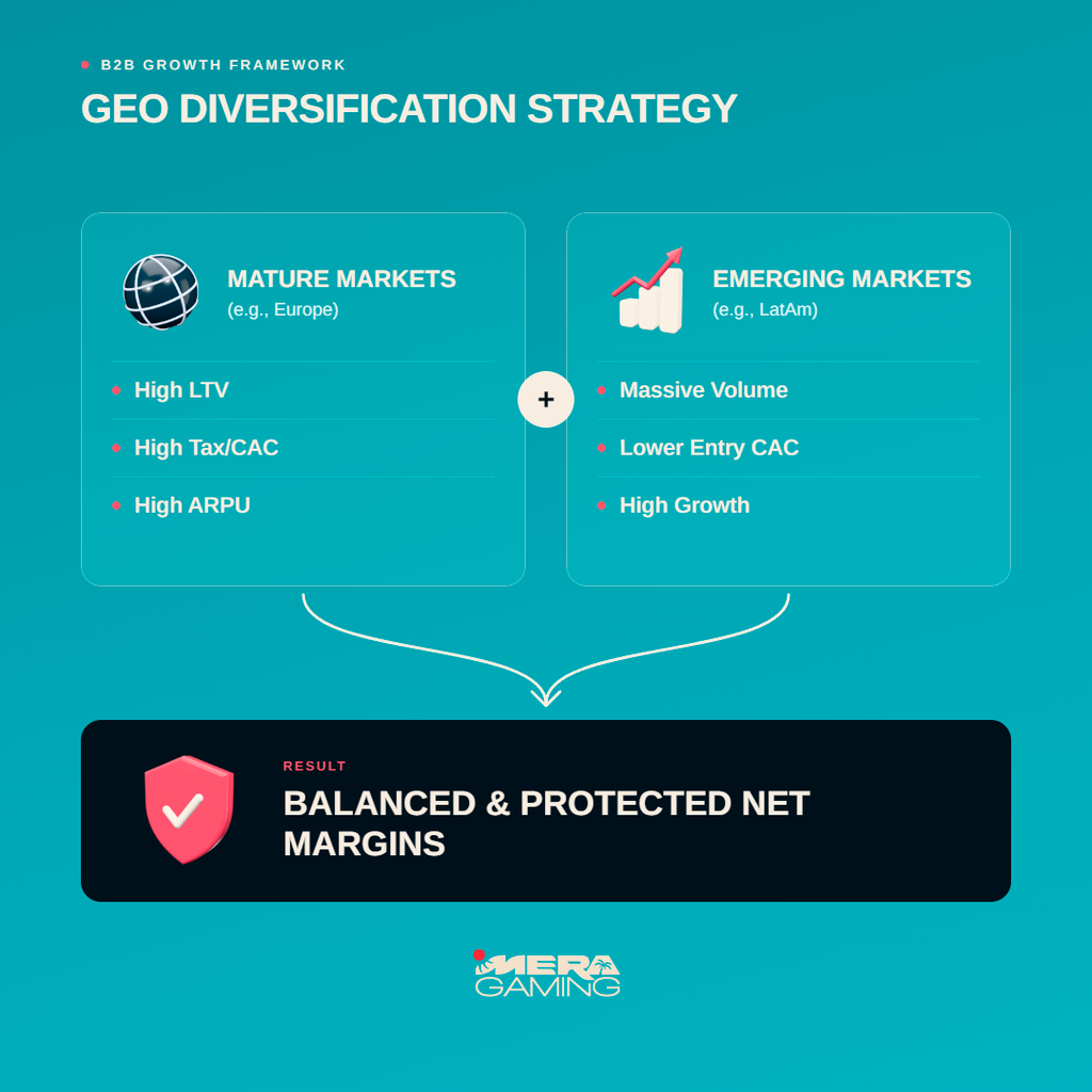 Mera Gaming infographic titled "Geo Diversification Strategy" showing the benefits from mature markets vs Emerging markets. The result of mixingboth Geo's is a "balanced and protected net margins"