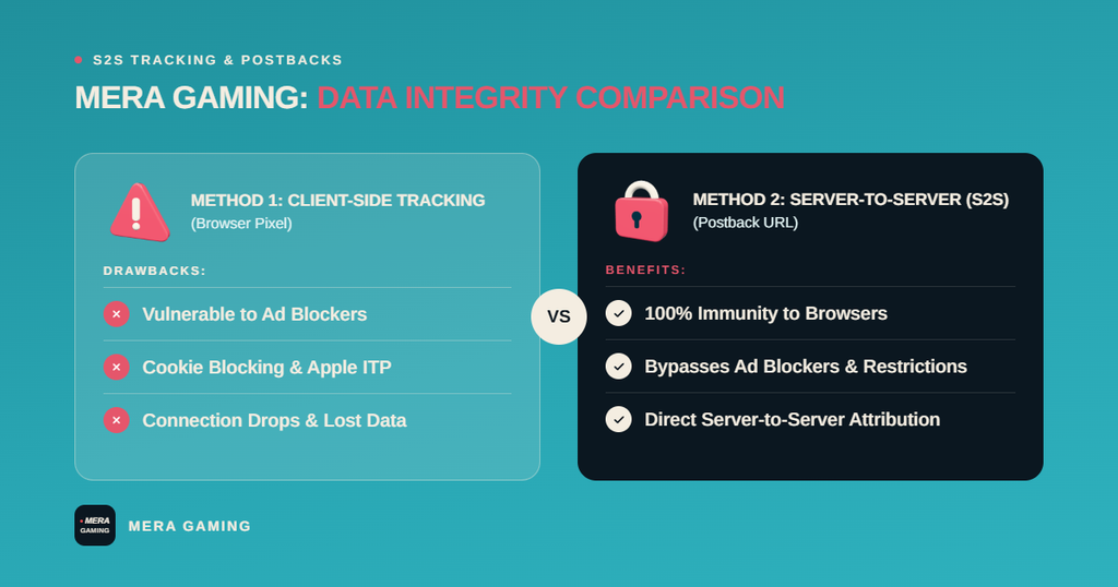Mera Gaming infographic comparing Client-Side tracking versus Server-to-Server (S2S) tracking, highlighting Browser Pixel limitations and S2S benefits regarding cookie blocking and attribution accuracy.