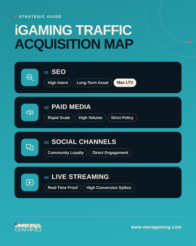 iGaming traffic acquisition map infographic outlining strategies for SEO, Paid Media, Social Channels, and Live Streaming by MERA GAMING
