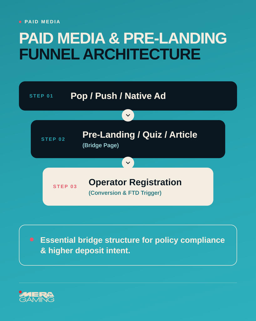 iGaming paid media and pre-landing funnel architecture diagram showing ad placement, bridge page quiz, and operator registration conversion steps by MERA GAMING