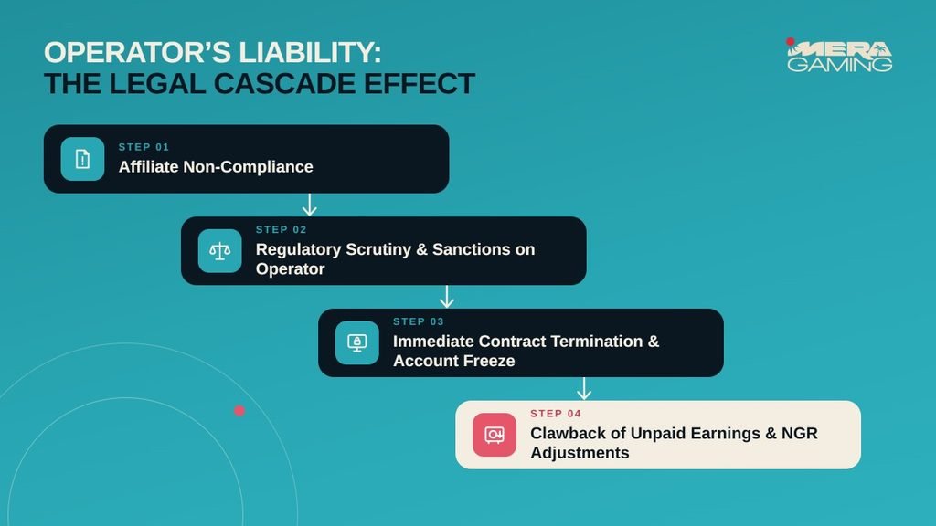 A 4-step process flowchart titled "OPERATOR'S LIABILITY: THE LEGAL CASCADE EFFECT" by Mera Gaming. It illustrates the step-by-step consequence of compliance failures: Step 01 begins with "Affiliate Non-Compliance"; Step 02 leads to "Regulatory Scrutiny & Sanctions on Operator"; Step 03 triggers "Immediate Contract Termination & Account Freeze"; and Step 04 ends with "Clawback of Unpaid Earnings & NGR Adjustments".