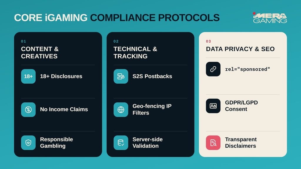 An educational infographic titled "CORE iGAMING COMPLIANCE PROTOCOLS" divided into three key categories:   Content & Creatives: Highlights 18+ Disclosures, No Income Claims, and Responsible Gambling.   Technical & Tracking: Highlights S2S Postbacks, Geo-fencing IP Filters, and Server-side Validation.   Data Privacy & SEO: Highlights rel="sponsored" attributes, GDPR/LGPD Consent, and Transparent Disclaimers. 