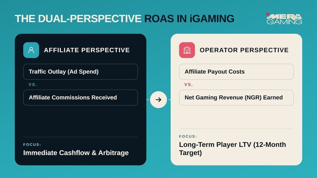 n educational infographic titled "THE DUAL-PERSPECTIVE ROAS IN iGAMING" featuring the Mera Gaming logo in the top right. It compares two columns: on the left, "AFFILIATE PERSPECTIVE" compares Traffic Outlay (Ad Spend) vs. Affiliate Commissions Received, with a focus on Immediate Cashflow & Arbitrage. An arrow points to the right column, "OPERATOR PERSPECTIVE," which compares Affiliate Payout Costs vs. Net Gaming Revenue (NGR) Earned, with a focus on Long-Term Player LTV (12-Month Target).